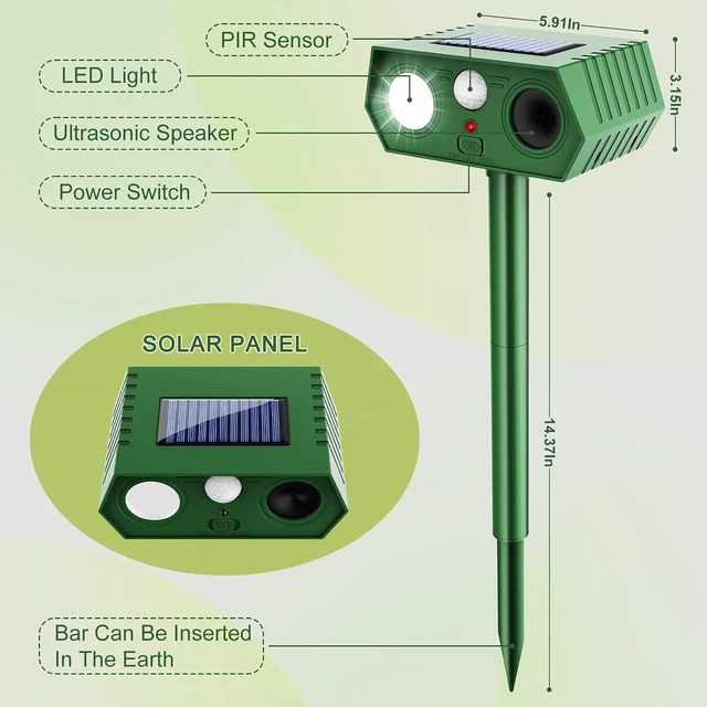 Alt view image 7 of 7 - 2026 Upgraded Solar Ultrasonic Animal Repeller Outdoor Waterproof Motion Activated with Flash Light for Deer, Cat, Squirrel, Raccoon, Rabbit, Dog, Garden Yard, 4 Pack