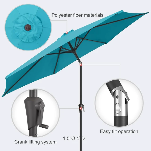 Alt view image 4 of 7 - 9 ft Aqua Blue Outdoor Patio Umbrella with Push Button Tilt
