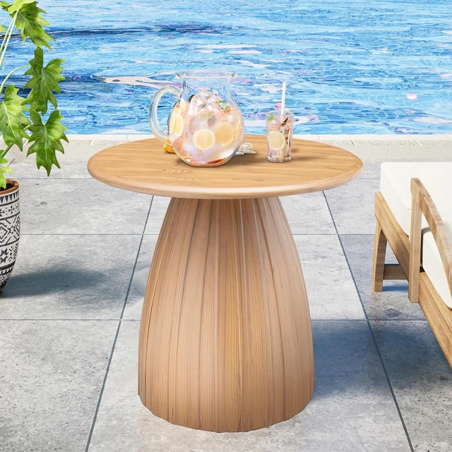 Main image of Round Metal Small Patio Table Wood Color Outdoor Accent End Table, Weather Resistant, No Assembly, for Garden, Pool, Yard, Balcony, Living Room, Deck