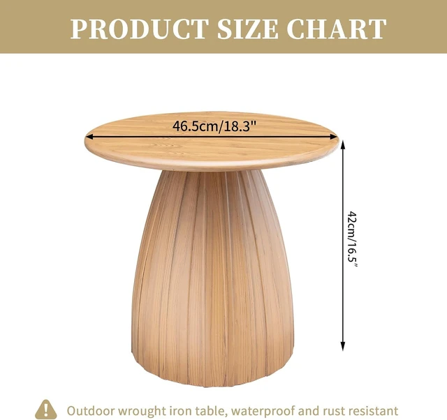 Alt view image 2 of 7 - Round Metal Small Patio Table Wood Color Outdoor Accent End Table, Weather Resistant, No Assembly, for Garden, Pool, Yard, Balcony, Living Room, Deck