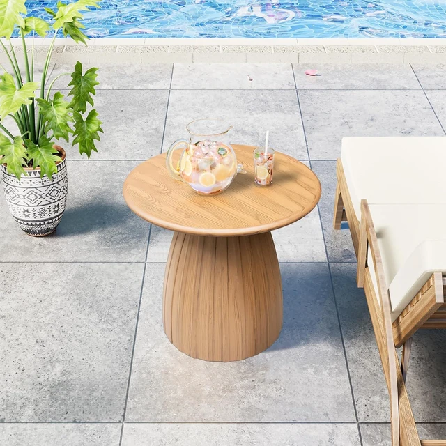 Alt view image 3 of 7 - Round Metal Small Patio Table Wood Color Outdoor Accent End Table, Weather Resistant, No Assembly, for Garden, Pool, Yard, Balcony, Living Room, Deck
