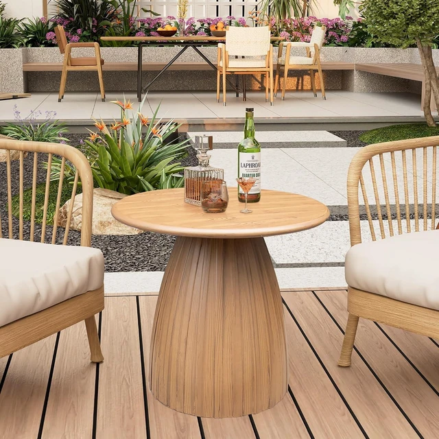 Alt view image 4 of 7 - Round Metal Small Patio Table Wood Color Outdoor Accent End Table, Weather Resistant, No Assembly, for Garden, Pool, Yard, Balcony, Living Room, Deck