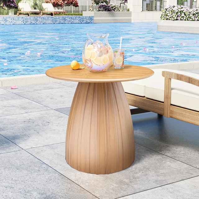 Alt view image 5 of 7 - Round Metal Small Patio Table Wood Color Outdoor Accent End Table, Weather Resistant, No Assembly, for Garden, Pool, Yard, Balcony, Living Room, Deck