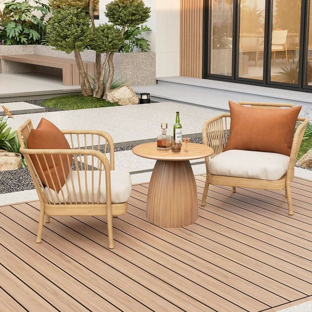 Alt view image 6 of 7 - Round Metal Small Patio Table Wood Color Outdoor Accent End Table, Weather Resistant, No Assembly, for Garden, Pool, Yard, Balcony, Living Room, Deck