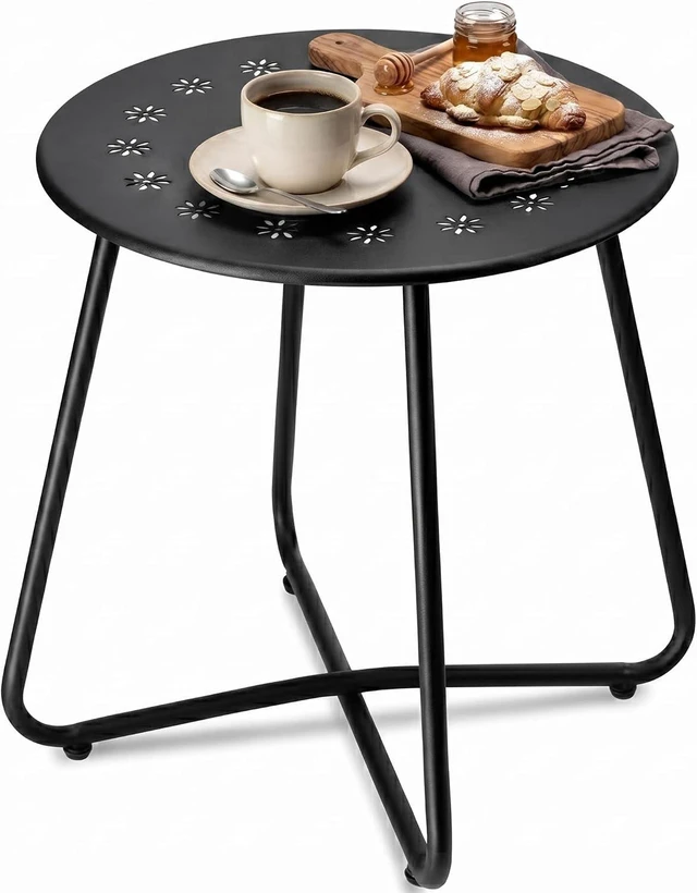 Main image of Black Outdoor Side Table with Flower Cut-Outs Weather Resistant Steel Small Round Patio End Table for Yard, Balcony, Garden