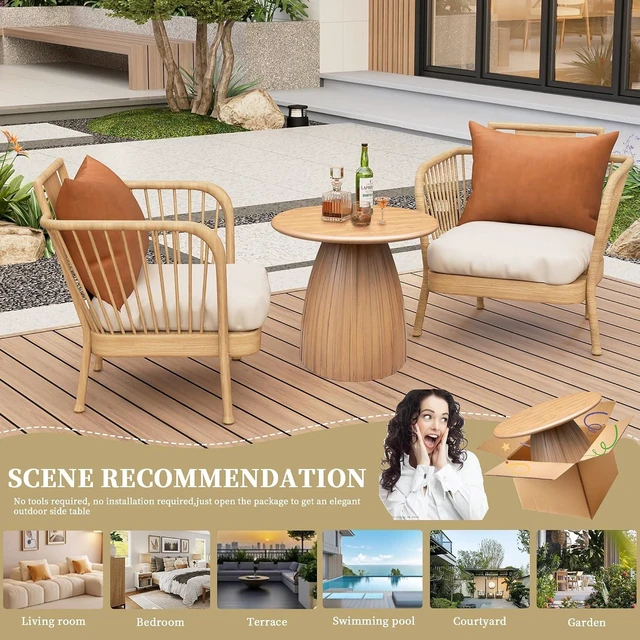 Alt view image 7 of 7 - Round Metal Small Patio Table Wood Color Outdoor Accent End Table, Weather Resistant, No Assembly, for Garden, Pool, Yard, Balcony, Living Room, Deck