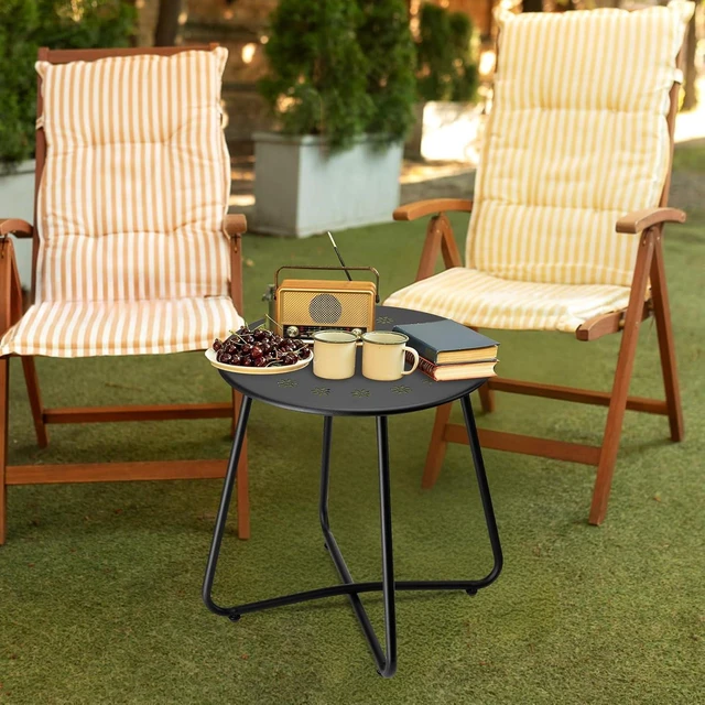 Alt view image 2 of 7 - Black Outdoor Side Table with Flower Cut-Outs Weather Resistant Steel Small Round Patio End Table for Yard, Balcony, Garden