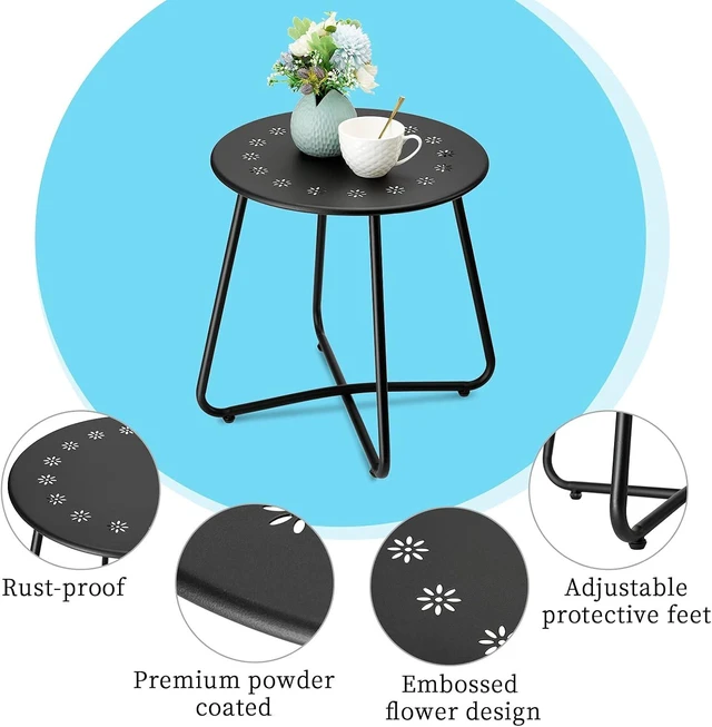 Alt view image 6 of 7 - Black Outdoor Side Table with Flower Cut-Outs Weather Resistant Steel Small Round Patio End Table for Yard, Balcony, Garden