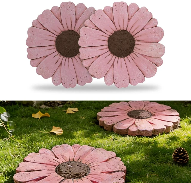 Main image of 2 Pack 10 Inch Daisy Cement Stepping Stones Heavy Duty Non-Slip Garden Pathway for Yard, Patio, Lawn, Weather Resistant (Pink)