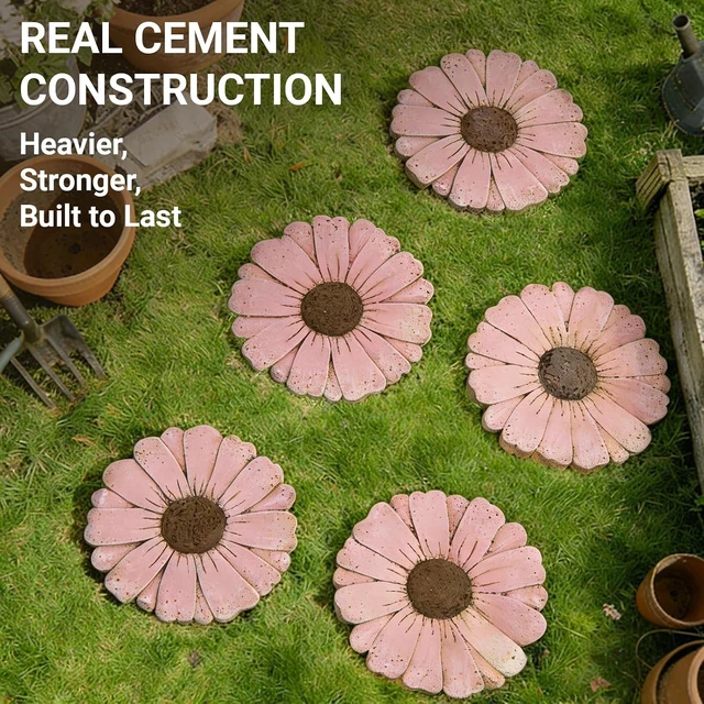 Alt view image 2 of 7 - 2 Pack 10 Inch Daisy Cement Stepping Stones Heavy Duty Non-Slip Garden Pathway for Yard, Patio, Lawn, Weather Resistant (Pink)