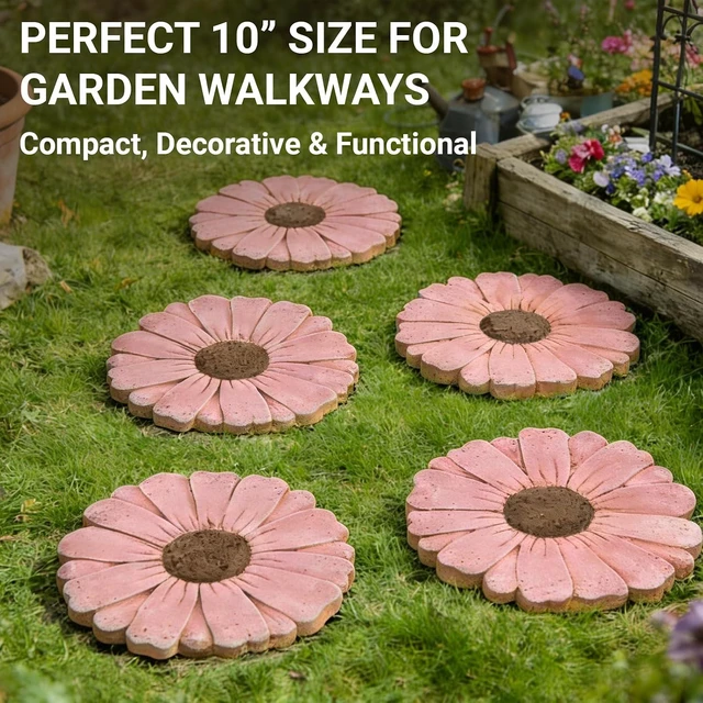 Alt view image 4 of 7 - 2 Pack 10 Inch Daisy Cement Stepping Stones Heavy Duty Non-Slip Garden Pathway for Yard, Patio, Lawn, Weather Resistant (Pink)