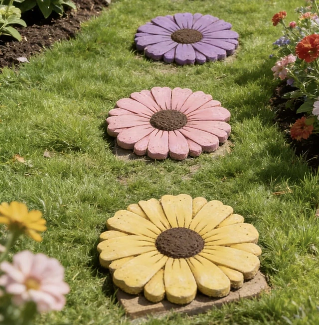Alt view image 6 of 7 - 2 Pack 10 Inch Daisy Cement Stepping Stones Heavy Duty Non-Slip Garden Pathway for Yard, Patio, Lawn, Weather Resistant (Pink)