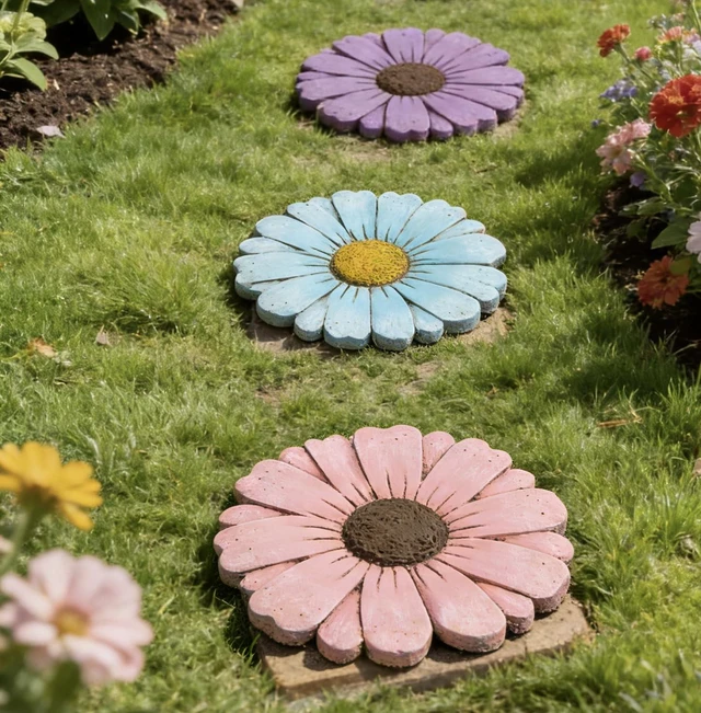 Alt view image 5 of 7 - 2 Pack 10 Inch Daisy Cement Stepping Stones Heavy Duty Non-Slip Garden Pathway for Yard, Patio, Lawn, Weather Resistant (Pink)