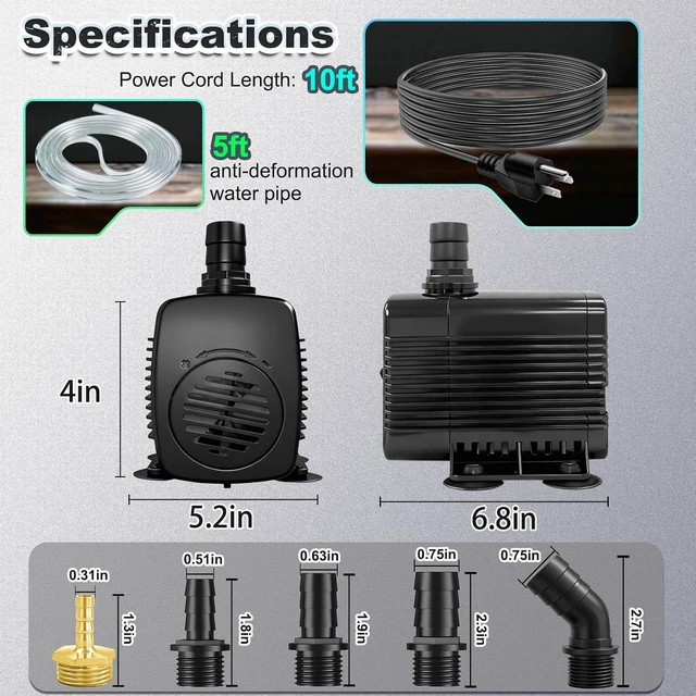 Alt view image 3 of 6 - 660GPH Submersible Fountain Pump with 10ft Tubing & Outdoor Cord for Garden