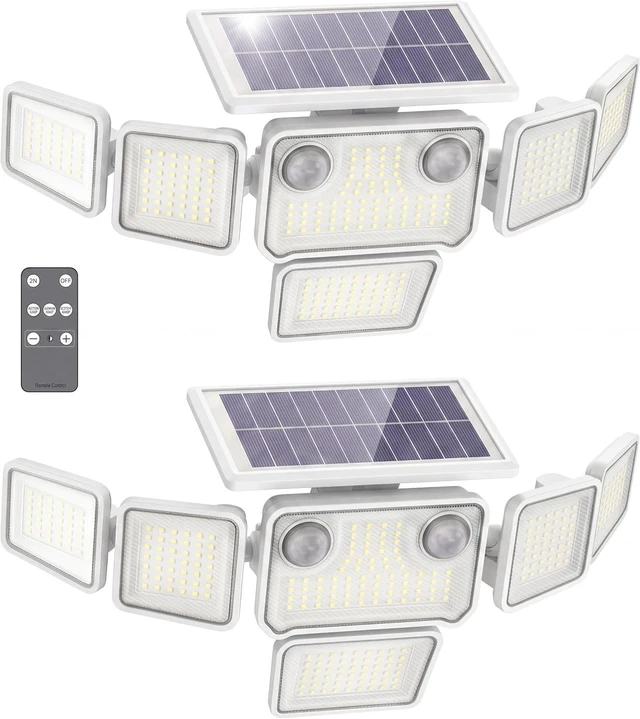 Main image of 6000LM Solar Flood Lights Outdoor 284 LED 6-Head Dual Motion Sensor Security Wall Lights, IP65 Waterproof, Remote, White, 2 Pack