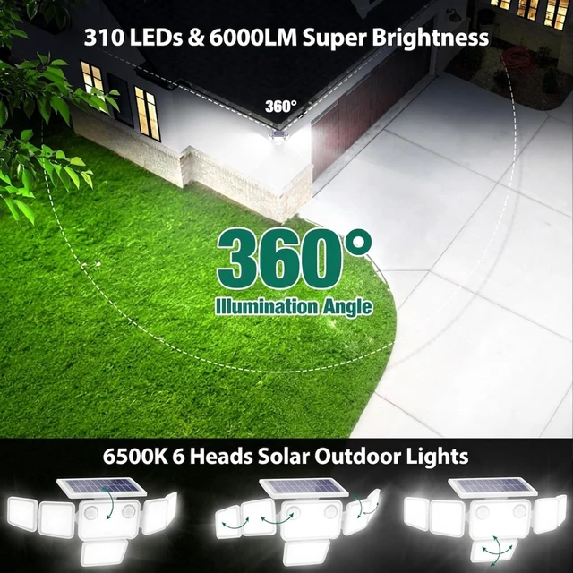 Alt view image 3 of 7 - 6000LM Solar Flood Lights Outdoor 284 LED 6-Head Dual Motion Sensor Security Wall Lights, IP65 Waterproof, Remote, White, 2 Pack