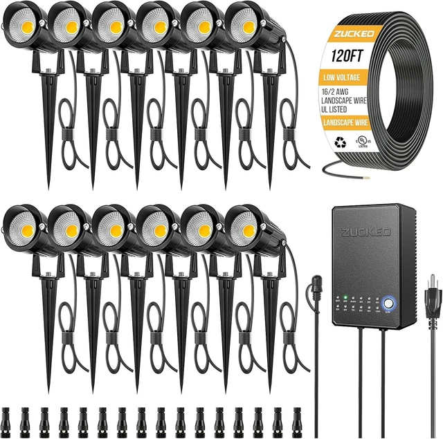 Main image of All-in-One Low Voltage Landscape Lighting Kit 5W 3000K LED Spotlights with Transformer, 120FT Wire & Connectors, Waterproof for Yard, Garden, House, 12Pack