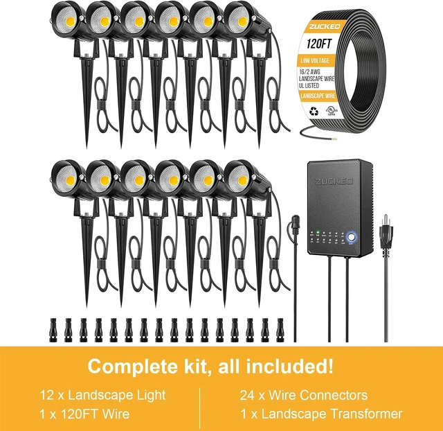 Alt view image 5 of 6 - All-in-One Low Voltage Landscape Lighting Kit 5W 3000K LED Spotlights with Transformer, 120FT Wire & Connectors, Waterproof for Yard, Garden, House, 12Pack