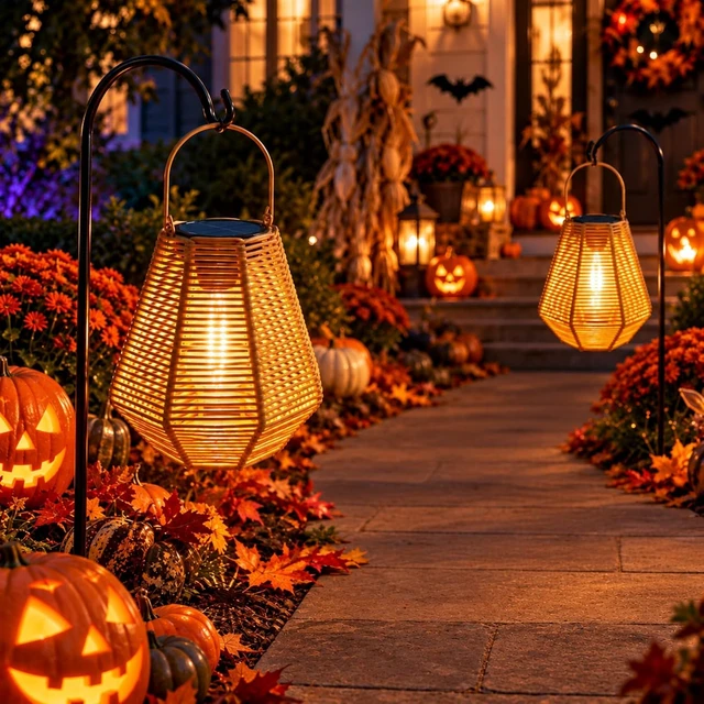 Alt view image 2 of 7 - 2 Pack Rattan Solar Lanterns Outdoor Hanging & Table Decor Lights