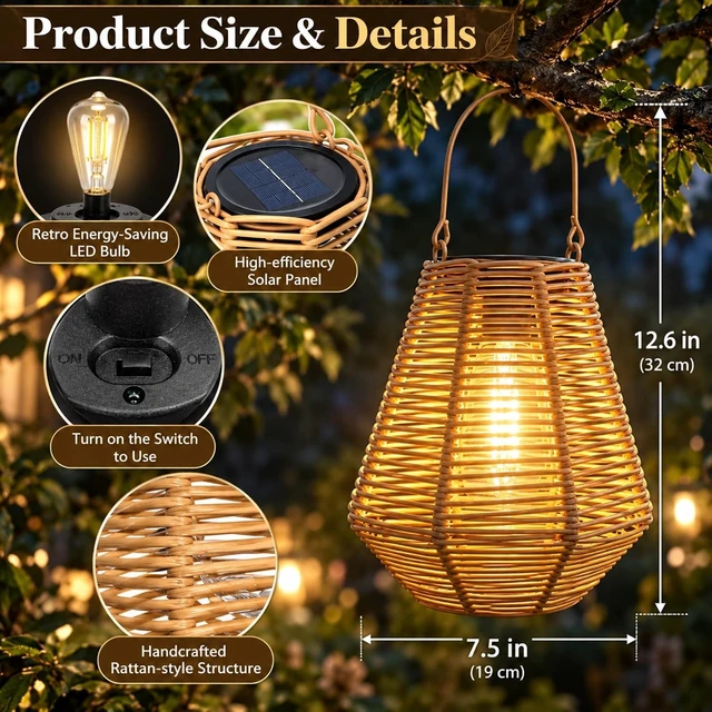 Alt view image 3 of 7 - 2 Pack Rattan Solar Lanterns Outdoor Hanging & Table Decor Lights
