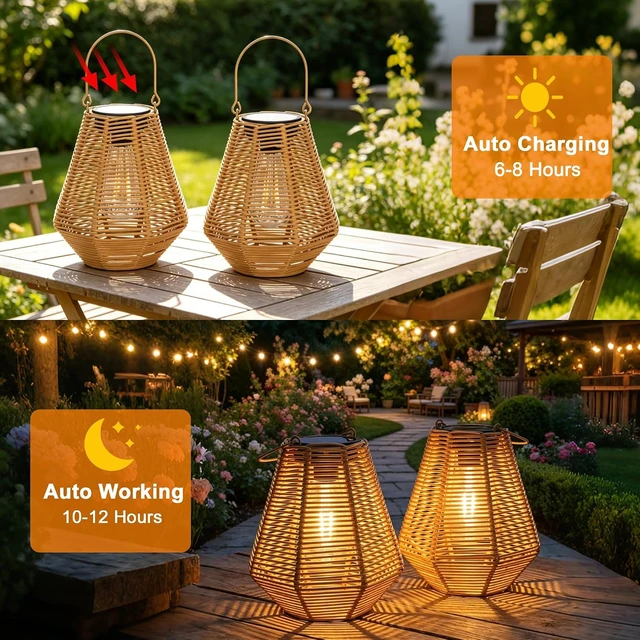 Alt view image 4 of 7 - 2 Pack Rattan Solar Lanterns Outdoor Hanging & Table Decor Lights