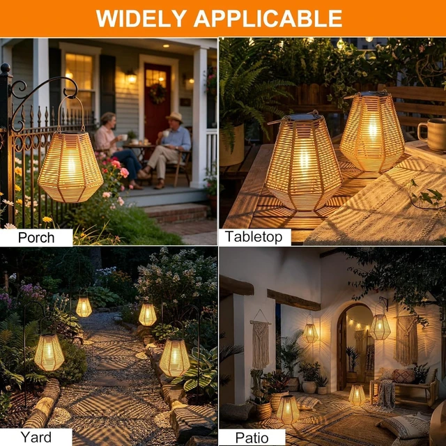 Alt view image 6 of 7 - 2 Pack Rattan Solar Lanterns Outdoor Hanging & Table Decor Lights