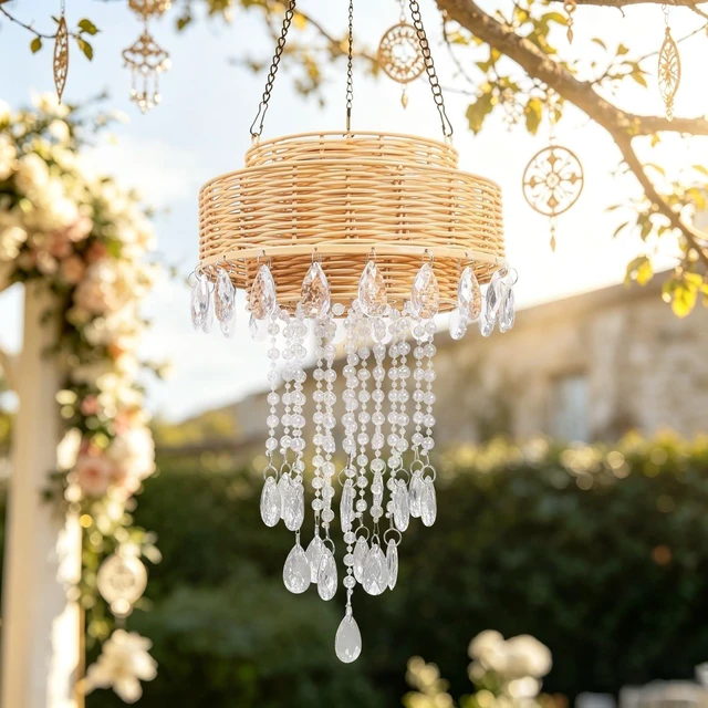 Alt view image 2 of 6 - Waterproof Solar Rattan Hanging Chandelier Outdoor Pendant Light