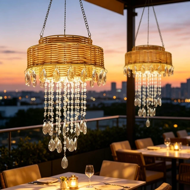 Alt view image 4 of 6 - Waterproof Solar Rattan Hanging Chandelier Outdoor Pendant Light