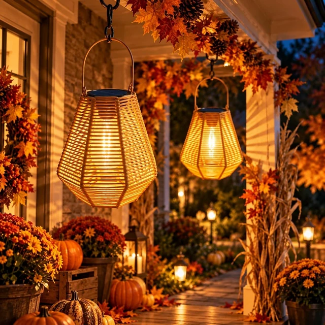 Alt view image 7 of 7 - 2 Pack Rattan Solar Lanterns Outdoor Hanging & Table Decor Lights