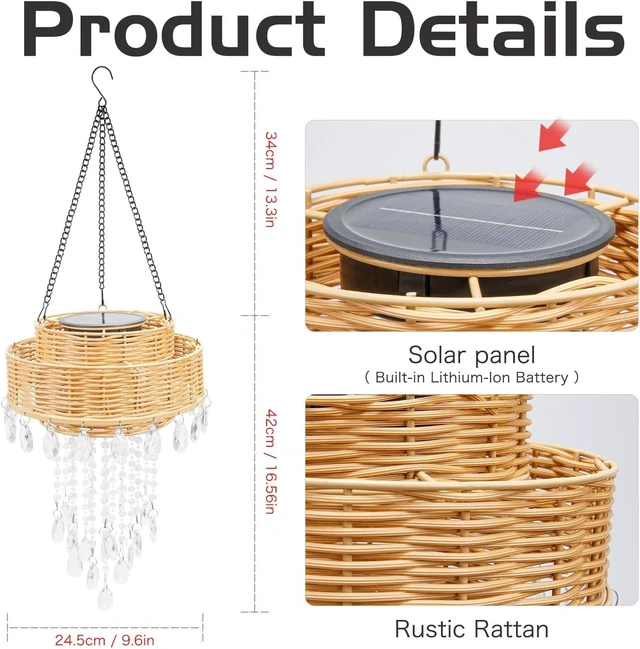 Alt view image 6 of 6 - Waterproof Solar Rattan Hanging Chandelier Outdoor Pendant Light