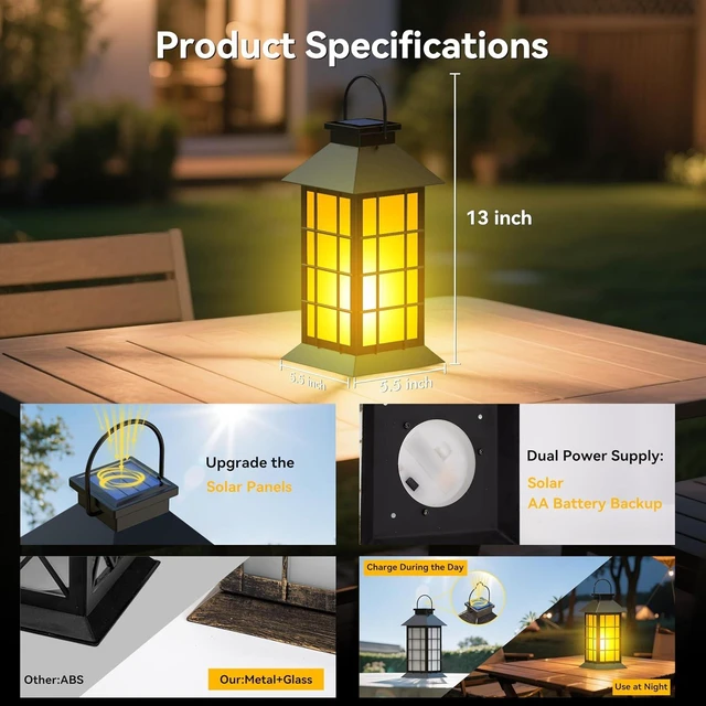 Alt view image 4 of 7 - 2 Pack 13" Black Solar Lanterns with Flickering Flame Candle