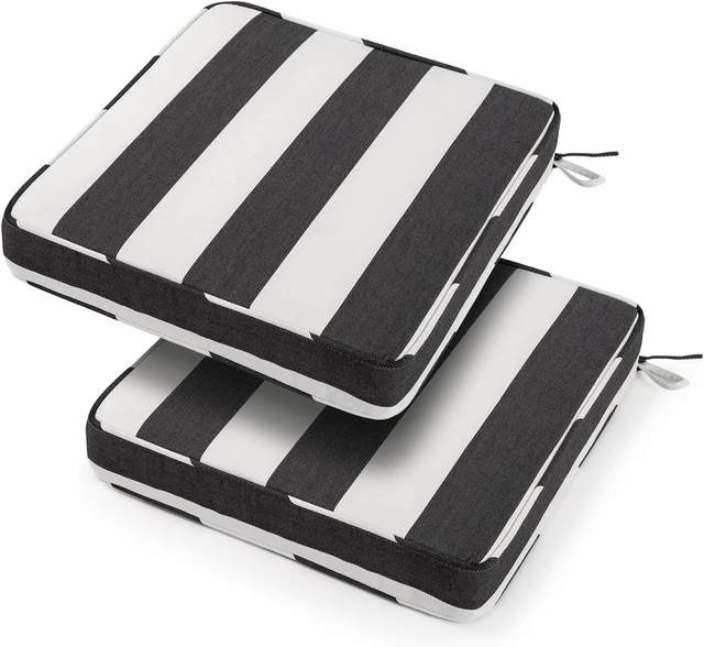 Main image of 18x18x3 Inch Outdoor Square Corner Chair Cushions with Ties, Set of 2 Water & Fade Resistant Thick Pads for Garden, Patio, Dining, Porch Furniture, Black Ivory Striped