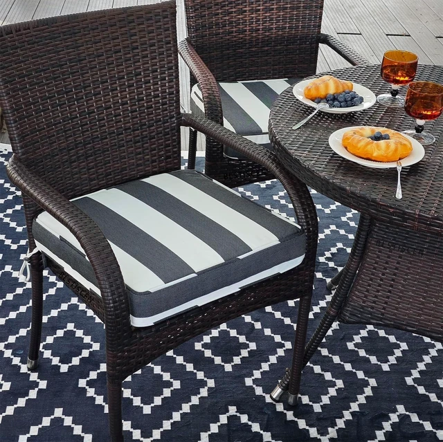 Alt view image 2 of 7 - 18x18x3 Inch Outdoor Square Corner Chair Cushions with Ties, Set of 2 Water & Fade Resistant Thick Pads for Garden, Patio, Dining, Porch Furniture, Black Ivory Striped