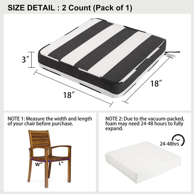 Alt view image 3 of 7 - 18x18x3 Inch Outdoor Square Corner Chair Cushions with Ties, Set of 2 Water & Fade Resistant Thick Pads for Garden, Patio, Dining, Porch Furniture, Black Ivory Striped
