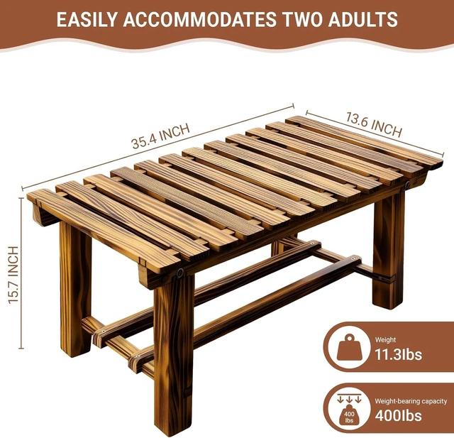 Alt view image 2 of 7 - 35.5" Weatherproof Outdoor Garden Bench 2-Person Backless Wooden with Mortise-Tenon Structure, for Garden, Lawn, Porch, Backyard Brown
