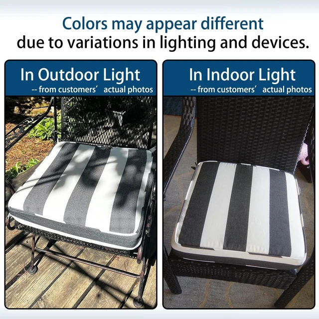 Alt view image 7 of 7 - 18x18x3 Inch Outdoor Square Corner Chair Cushions with Ties, Set of 2 Water & Fade Resistant Thick Pads for Garden, Patio, Dining, Porch Furniture, Black Ivory Striped