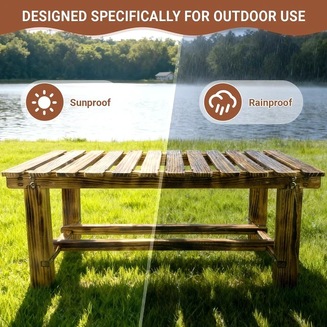 Alt view image 4 of 7 - 35.5" Weatherproof Outdoor Garden Bench 2-Person Backless Wooden with Mortise-Tenon Structure, for Garden, Lawn, Porch, Backyard Brown