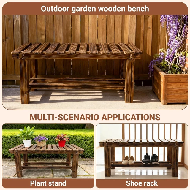 Alt view image 5 of 7 - 35.5" Weatherproof Outdoor Garden Bench 2-Person Backless Wooden with Mortise-Tenon Structure, for Garden, Lawn, Porch, Backyard Brown
