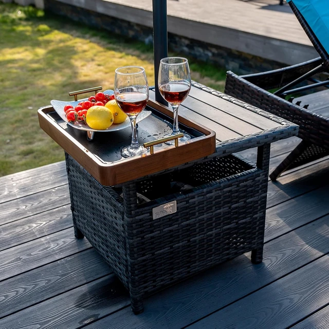 Alt view image 2 of 7 - 22" Sundale Gray Wicker Patio Umbrella Side Table with 2 Weight Bags