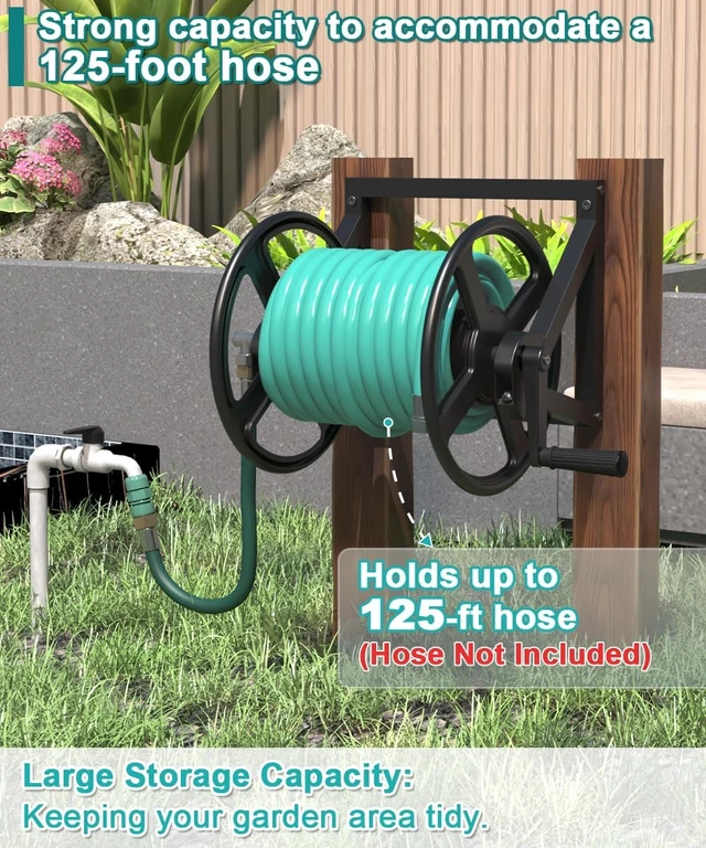 Alt view image 3 of 7 - Black Wall Mounted Garden Hose Reel, Outdoor Water Hose Holder