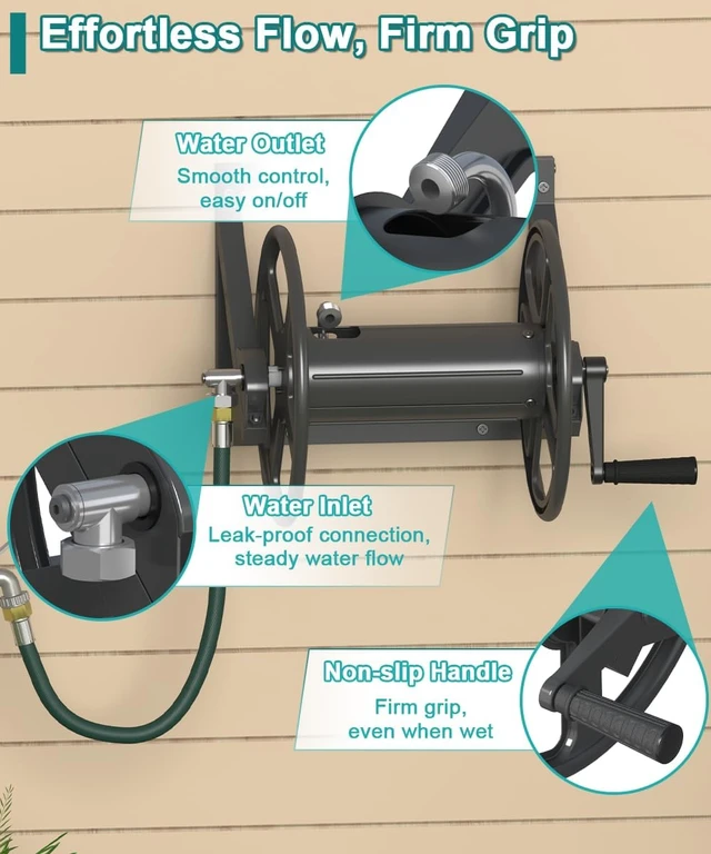Alt view image 4 of 7 - Black Wall Mounted Garden Hose Reel, Outdoor Water Hose Holder