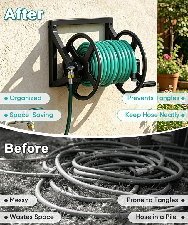 Alt view image 6 of 7 - Black Wall Mounted Garden Hose Reel, Outdoor Water Hose Holder