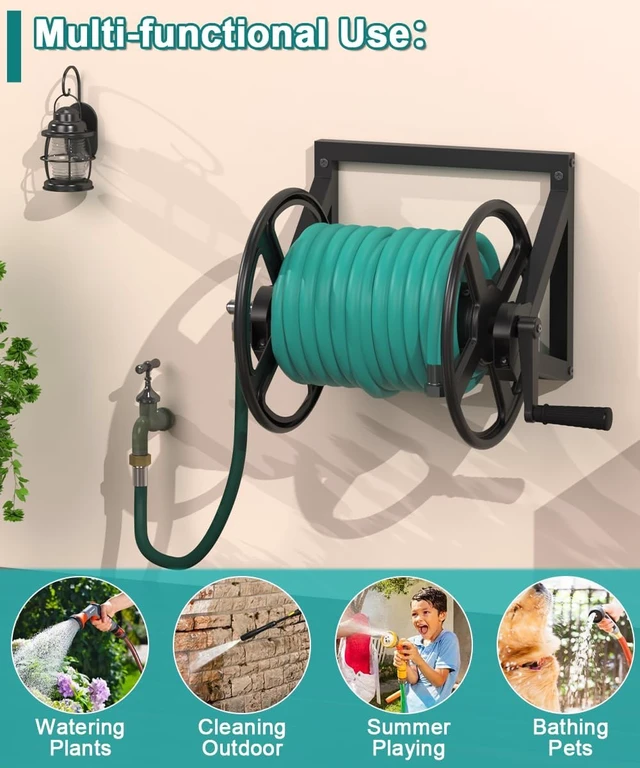 Alt view image 7 of 7 - Black Wall Mounted Garden Hose Reel, Outdoor Water Hose Holder