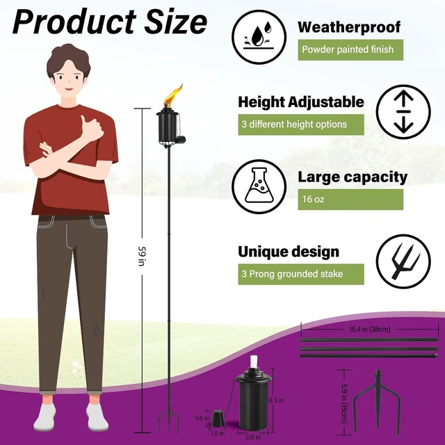 Alt view image 3 of 7 - 6 Pack 16oz Black Citronella Torches for Outside Garden