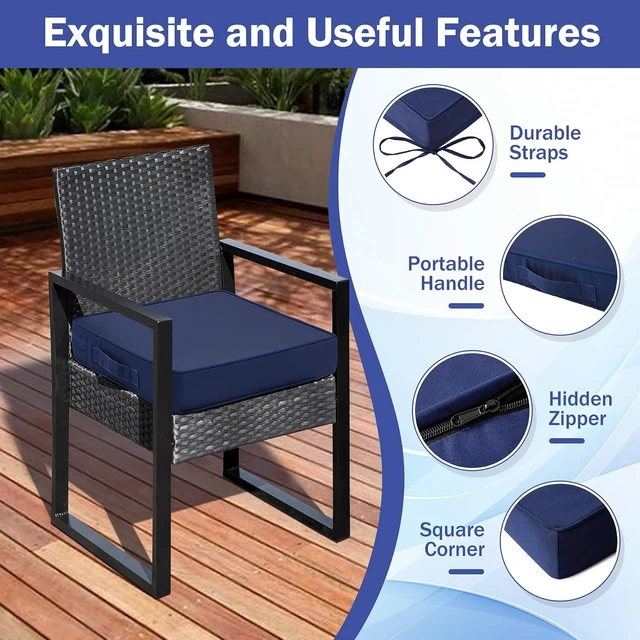 Alt view image 5 of 7 - 19" x 19" x 3" Patio Chair Cushions Set of 4 Waterproof Outdoor Seat Cushions with Handle & Ties for Patio Furniture, Navy Blue