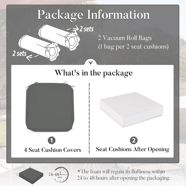 Alt view image 7 of 7 - 19 x 19 Waterproof Outdoor Chair Cushions Set of 4 with Ties & Handle for Patio Furniture, Dark Grey