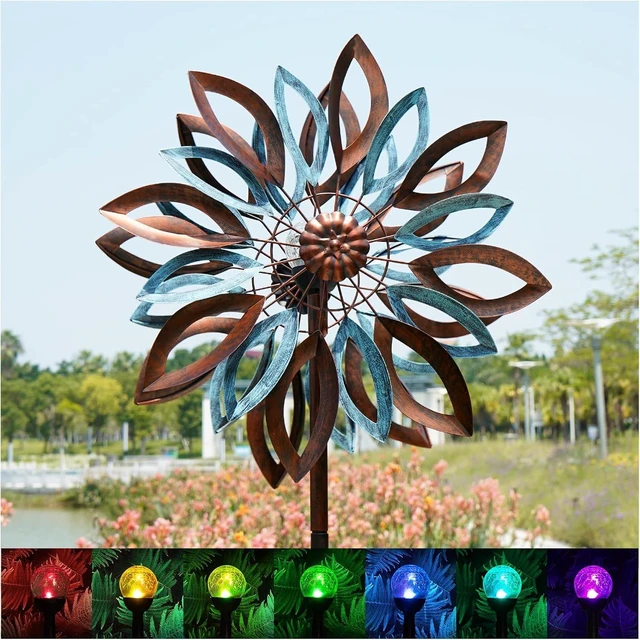 Main image of Large Metal Yard Garden Wind Spinners with Solar Lights Lawn Yard Art Outdoor Decor (22" W x 87" H)