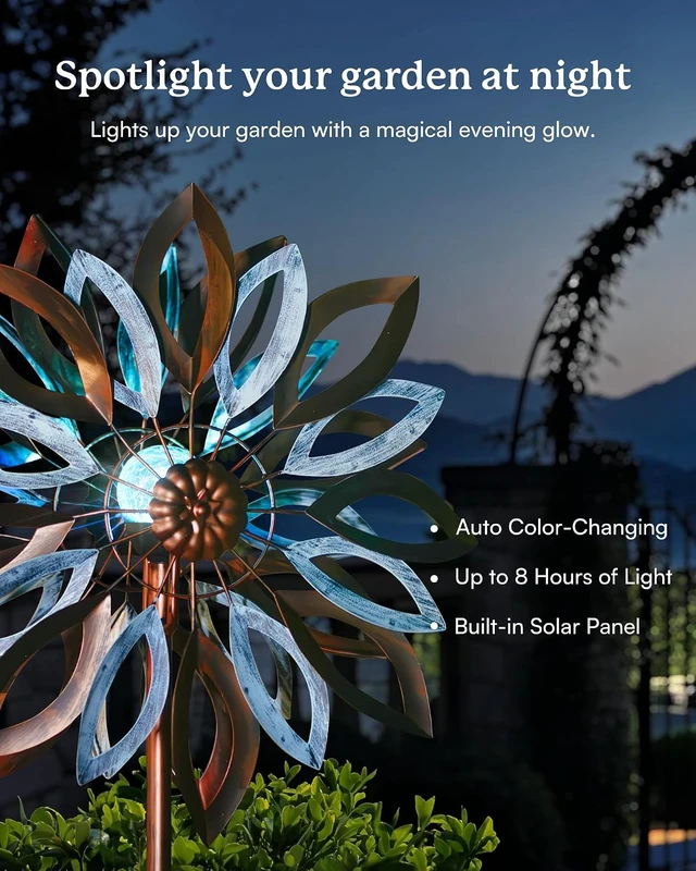 Alt view image 4 of 7 - Large Metal Yard Garden Wind Spinners with Solar Lights Lawn Yard Art Outdoor Decor (22" W x 87" H)
