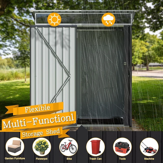 Alt view image 3 of 7 - 5x3 FT Outdoor Storage Shed with Window Waterproof Metal Garden Shed with Lockable Door, Weather Resistant Tool Storage for Backyard, Steel Gray