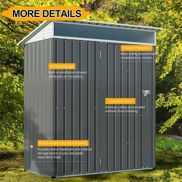 Alt view image 4 of 7 - 5x3 FT Outdoor Storage Shed with Window Waterproof Metal Garden Shed with Lockable Door, Weather Resistant Tool Storage for Backyard, Steel Gray